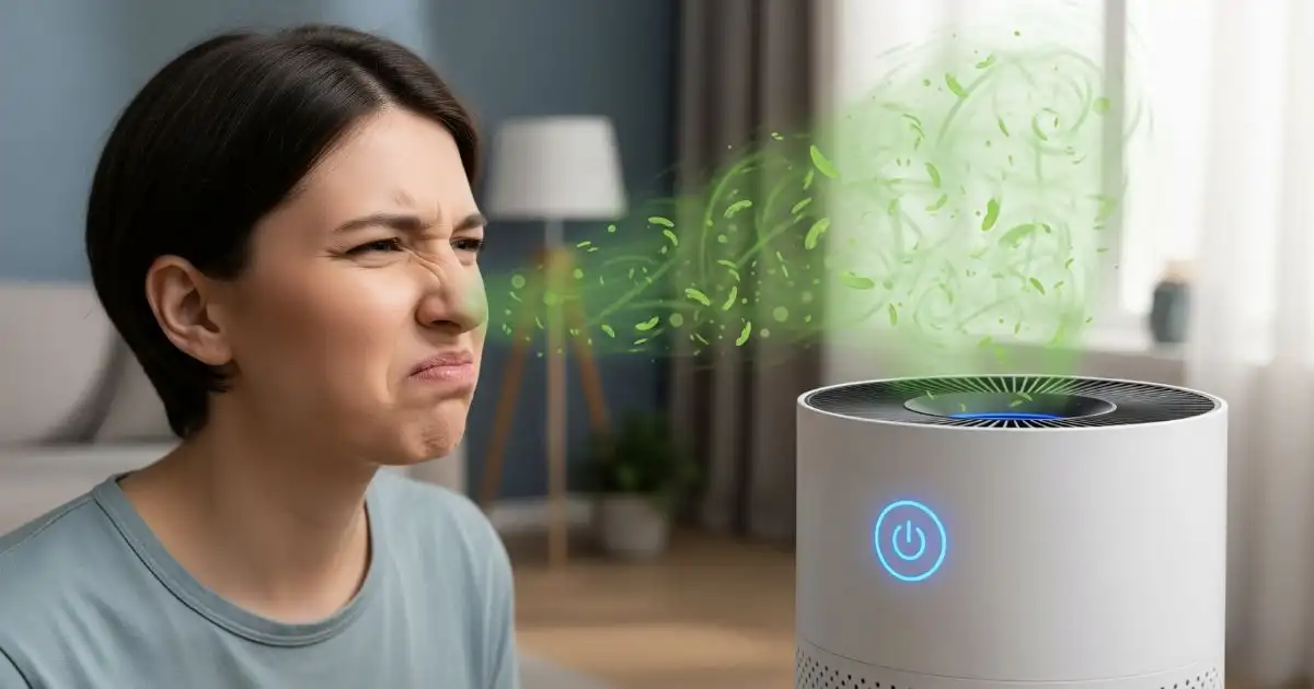  A person is shown with a disgusted expression, their nose wrinkled, as a green, swirling gas representing a bad odor comes out of the top of a white air purifier. The air purifier has a glowing blue power button.