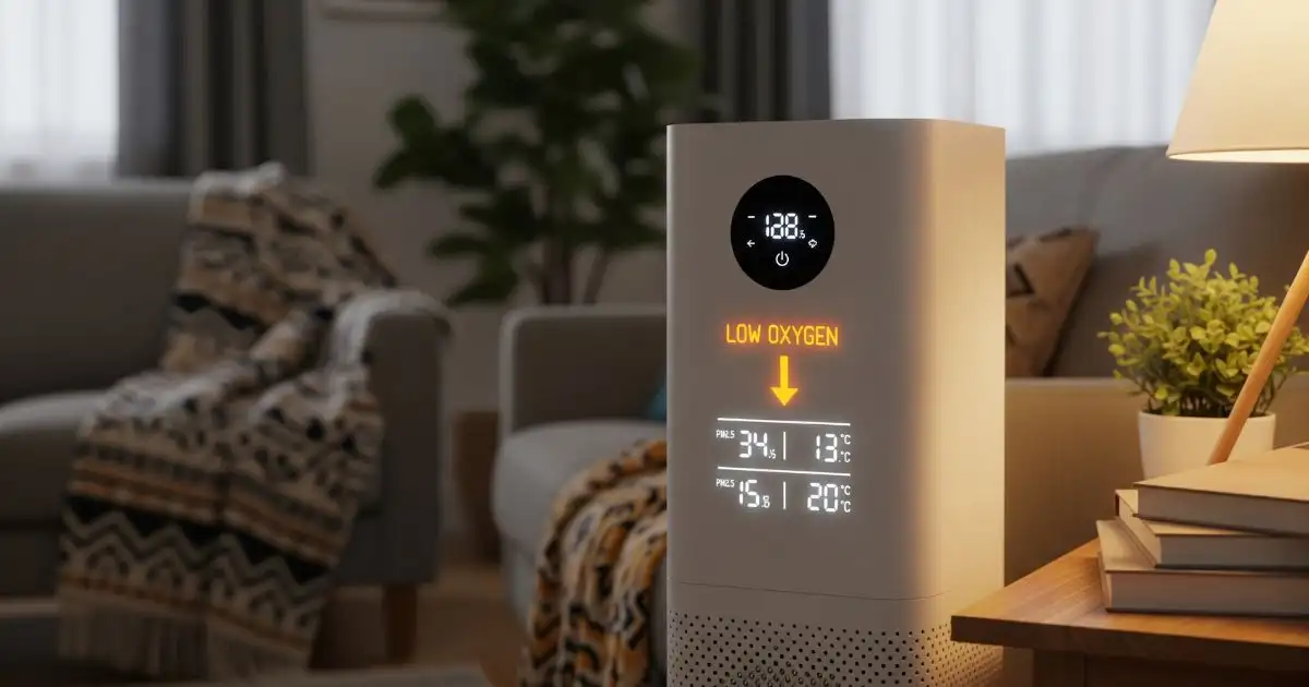 A close-up of a modern, rectangular white air purifier in a cozy living room setting. Its digital display shows temperature and other readings, with a prominent orange warning "LOW OXYGEN" and a downward arrow, indicating poor air quality.