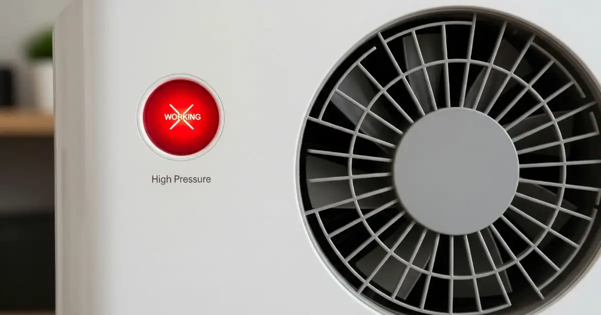 A close-up of a modern white air purifier. A red indicator light is visible with a white "WORKING" text that has a red "X" over it. Below the light is the text "High Pressure." The circular fan grill to the right of the light is still, suggesting the fan is not working. The image represents a common air purifier malfunction.