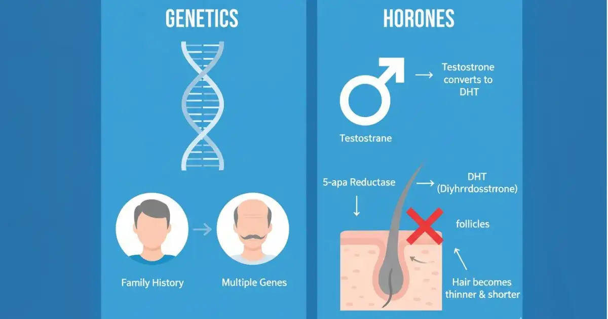 A diagram illustrating the role of genetics and the hormone DHT in causing male pattern baldness.