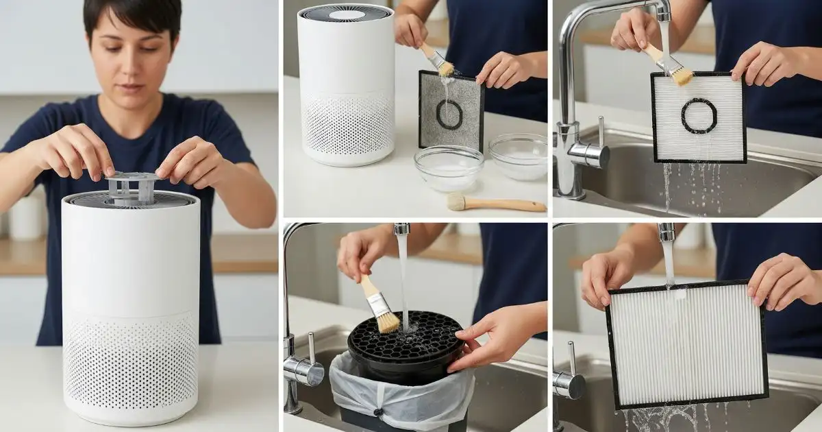 A six-panel collage shows a person demonstrating the step-by-step process of cleaning a washable air purifier filter. The panels show them unscrewing the pre-filter, using a brush to clean components, and rinsing the filters in a sink.