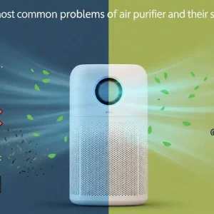 A two-part visual illustration for a blog post. The left side, with a dark blue background, shows icons representing common air purifier problems like a clogged filter, a faulty plug, and a confused user interface. The right side, with a green background, shows corresponding solutions like a clean filter, a working plug, and a happy user, with an air purifier in the center visually connecting the two sides.