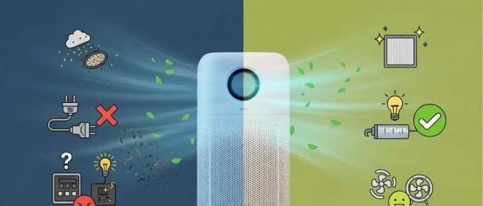 A two-part visual illustration for a blog post. The left side, with a dark blue background, shows icons representing common air purifier problems like a clogged filter, a faulty plug, and a confused user interface. The right side, with a green background, shows corresponding solutions like a clean filter, a working plug, and a happy user, with an air purifier in the center visually connecting the two sides.