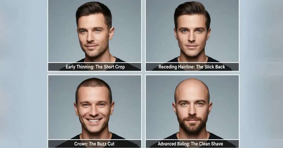 A grid of four images showcasing different confident hairstyles for men with various stages of hair thinning and baldness.