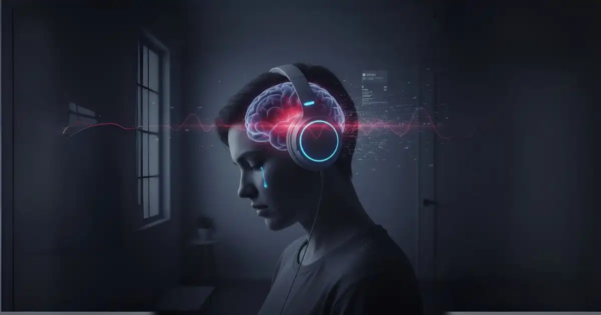 A somber image of a person wearing wireless headphones, with a glowing, red-highlighted brain inside their head and a tear falling, representing the potential link between EMF radiation and depression.