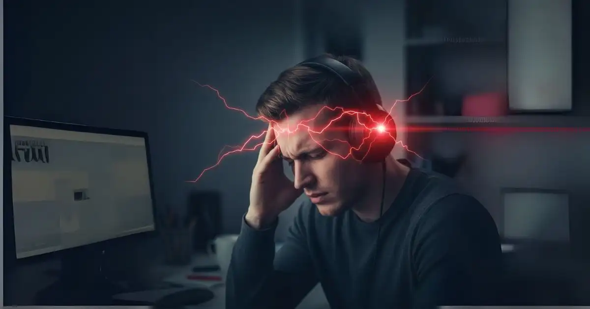 A person holding their head in pain while wearing headphones, with a throbbing symbol over their temple, to represent headaches caused by headphone use.