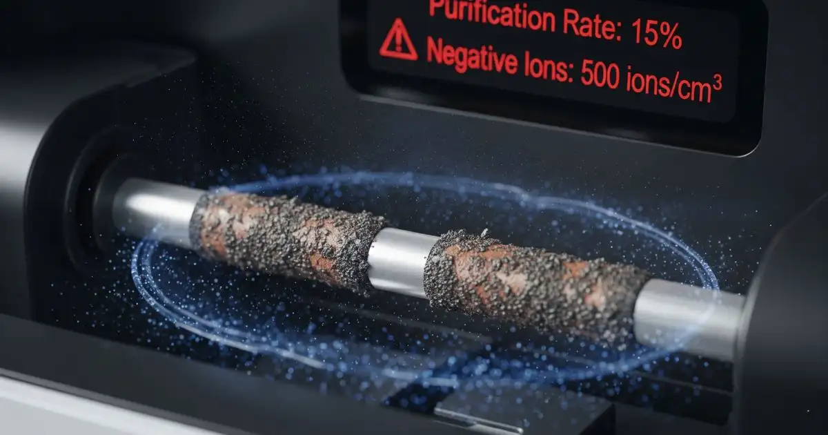 A close-up, internal view of a dirty and corroded electrode bar from an ionic air purifier. A faint blue glow surrounds the bar, and a digital display in the background shows a low "Purification Rate" and a low number of "Negative Ions," indicating a malfunction.