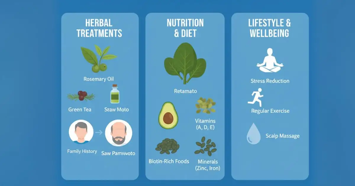 An infographic detailing natural remedies for male pattern baldness, including herbal treatments, nutrition and diet, and lifestyle and well-being changes.