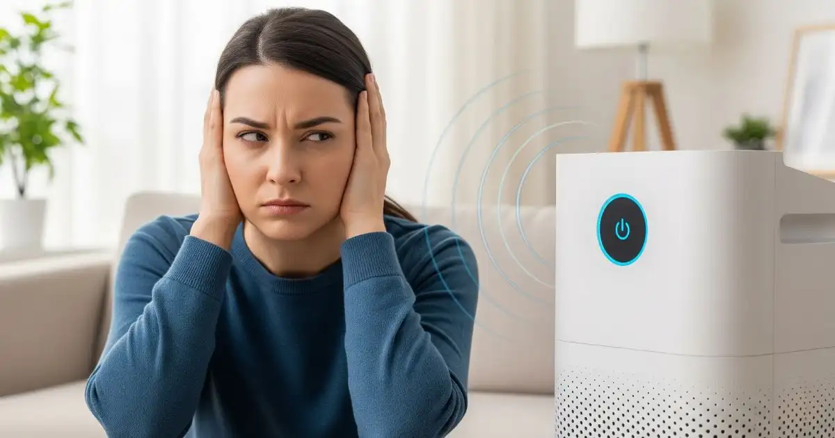 A person with an annoyed expression on their face is covering their ears with their hands, sitting next to a white air purifier. Blue sound waves are emanating from the purifier, indicating it is making a loud, distracting noise.