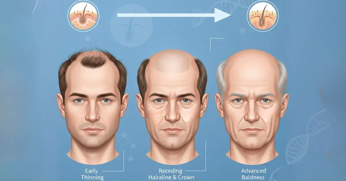 Illustration showing the three stages of male pattern baldness: early thinning, receding hairline and crown, and advanced baldness.
