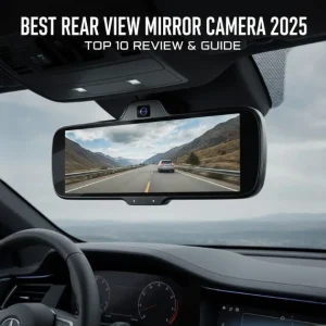Digital rear view mirror displaying a road scene with mountains and a car ahead.