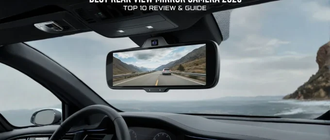 Digital rear view mirror displaying a road scene with mountains and a car ahead.