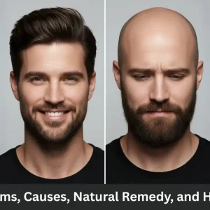 A two-panel image comparison. The first panel shows a smiling man with a full head of hair, labeled "Happy and Hairy." The second panel depicts a frowning, bald man, labeled "Unhappy and Bald." - Male pattern baldness