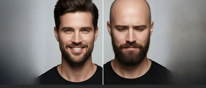 A two-panel image comparison. The first panel shows a smiling man with a full head of hair, labeled "Happy and Hairy." The second panel depicts a frowning, bald man, labeled "Unhappy and Bald." - Male pattern baldness