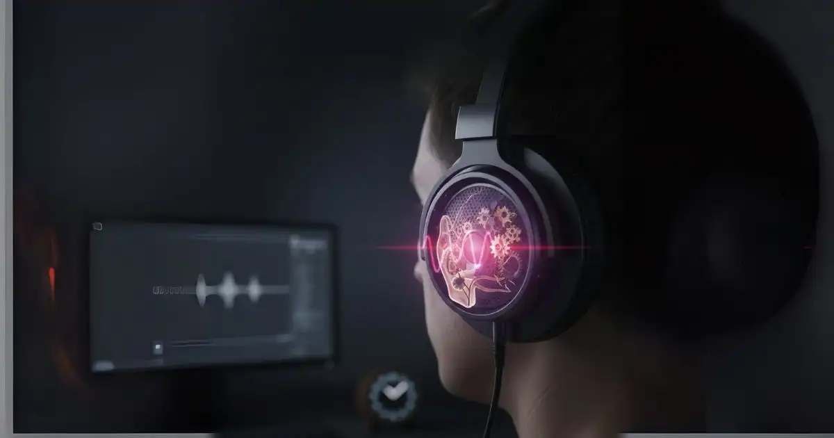 A person wearing wired headphones, with a stylized illustration inside the earcup showing delicate inner ear mechanisms being disrupted by sound waves, symbolizing hearing damage.