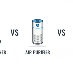 A visual comparison showing a vacuum cleaner, an air purifier, and an air filter placed side-by-side with 'vs.' signs in between. Vacuum cleaner vs. Air Purifier vs. Air Filter