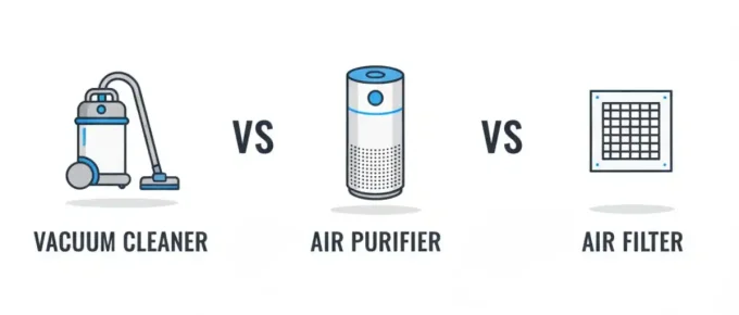 A visual comparison showing a vacuum cleaner, an air purifier, and an air filter placed side-by-side with 'vs.' signs in between. Vacuum cleaner vs. Air Purifier vs. Air Filter