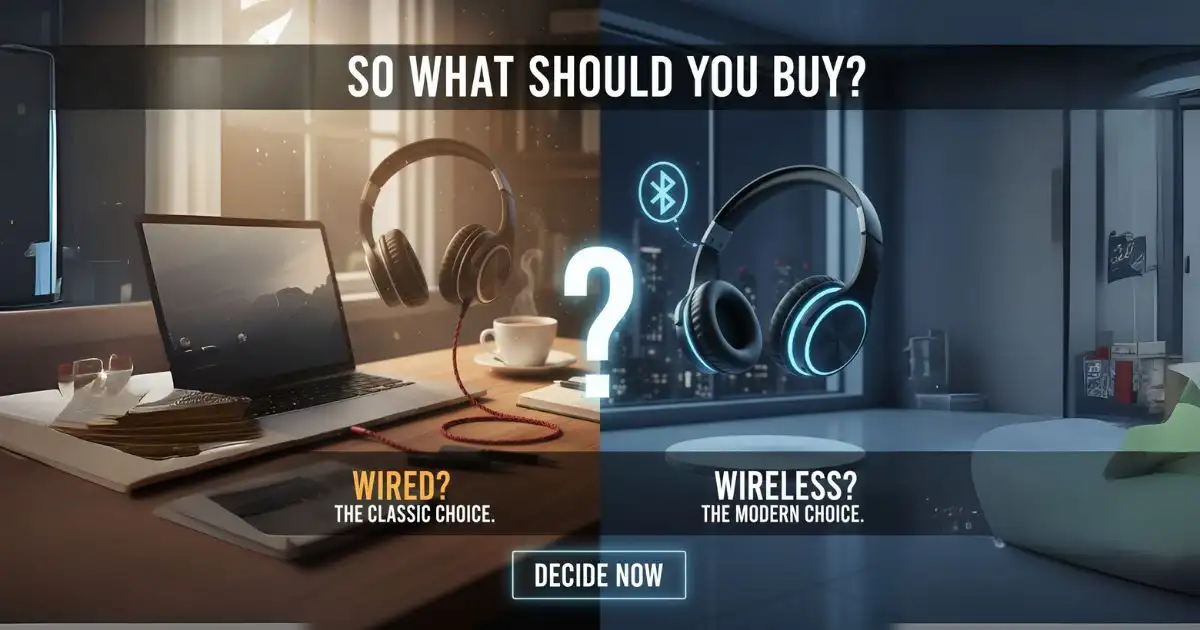 A visual representation of a choice between wired and wireless headphones, with a question mark between the two options.
