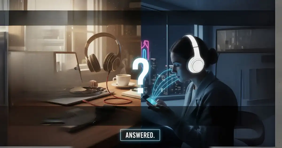 A split image contrasting wired headphones with a classic setup and wireless headphones with a modern setup, centered around a question mark asking "Which is Safer?", leading to an "Answered." button.