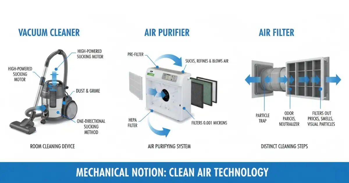 A technical diagram illustrating the inner workings of a vacuum cleaner, an air purifier, and an air filter. It shows airflow, filters, and other internal components.