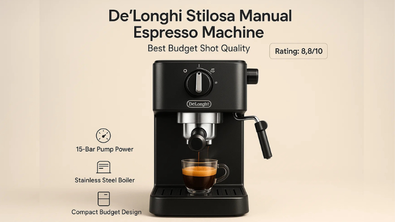 “Create a clean, professional featured product image for De’Longhi Stilosa Manual Espresso Machine – Best Budget Espresso Machine Ever.Product details (accuracy is key):Show the De’Longhi Stilosa Manual Espresso Machine in its authentic black with stainless steel accents.Angle it front-facing to highlight the control dial, portafilter, and steam wand.Place a small espresso cup under the portafilter, showing a fresh shot with golden crema.Include the manual frother wand visible on the right side.Text elements:Title at top center: De’Longhi Stilosa Manual Espresso MachineSubtext below: Best Budget Shot QualityRating badge top right: Rating: 8.8/10Three highlight icons beneath product:
• 15-Bar Pump Power
• Stainless Steel Boiler
• Compact Budget DesignBackground:Soft gradient in warm neutral tones (light beige/grey) to reflect a cozy home coffee vibe.Subtle steam rising from the espresso shot for realism.Style:Minimalist, clean, and trustworthy look.Product in sharp focus with clear detailing.Designed to emphasize budget-friendly but high-quality performance.”