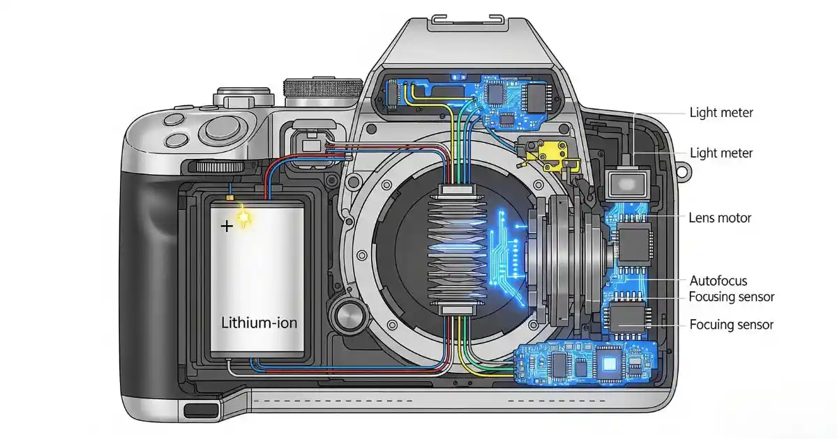 A detailed cross-section diagram of an electronic film camera, showing a prominent lithium-ion battery and glowing electronic circuits powering a light meter and autofocus system.