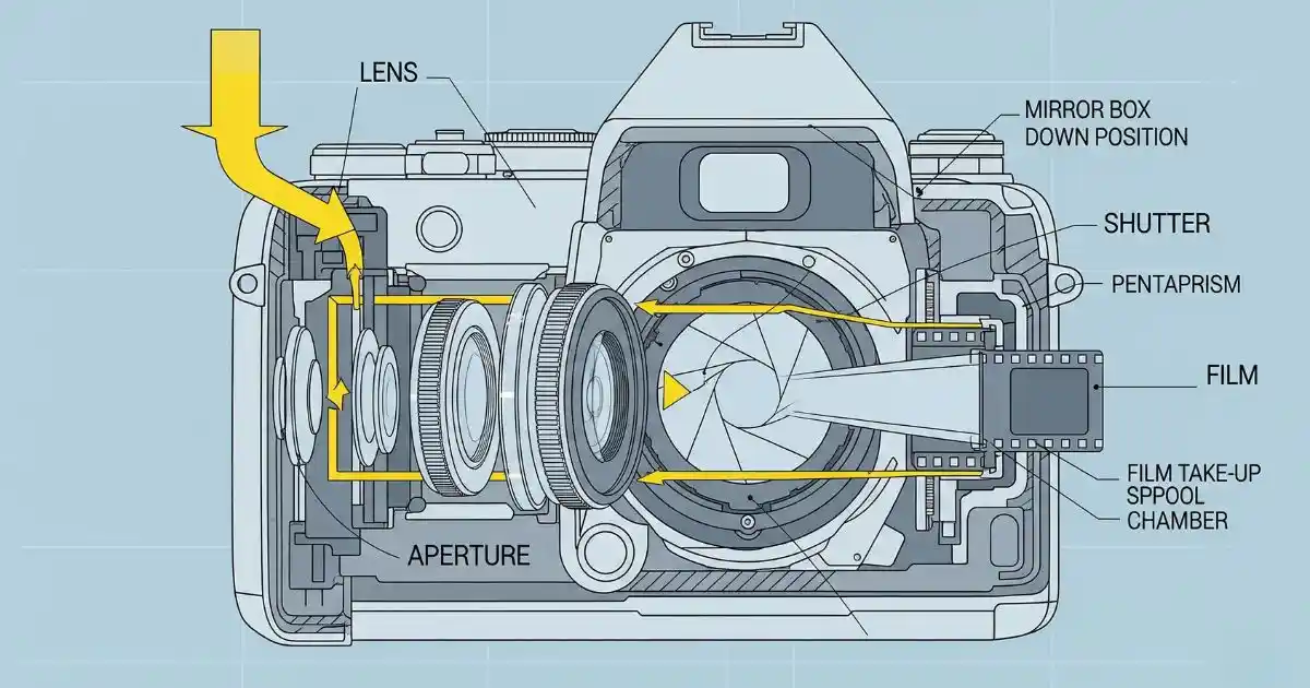 A cross-section diagram of a film camera, showing how light travels through the lens, aperture, and shutter to expose the film. The key components are labeled for clarity.