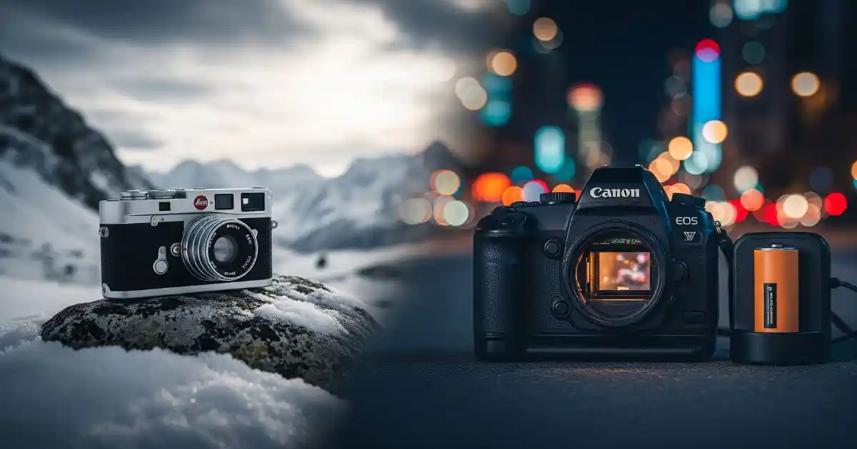 A composite image contrasting two film cameras: an old mechanical camera sits on a snowy rock in the mountains, while a modern electronic camera with a battery on a charger is shown in a blurry, colorful city at night.