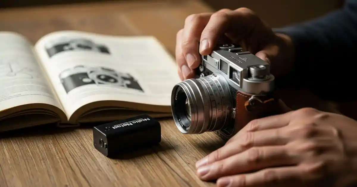 A close-up of a person's hands adjusting a vintage film camera on a wooden table. A camera manual and a spare battery are visible next to the camera, representing the importance of preparation. Do Film Cameras Need Batteries