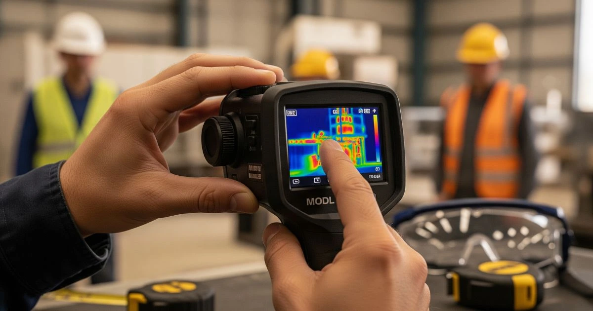 close-up of a person's hands adjusting the settings on a thermal imaging camera in a factory or warehouse environment. The camera screen shows a thermal view of industrial equipment, with two other workers visible in the blurred background.
