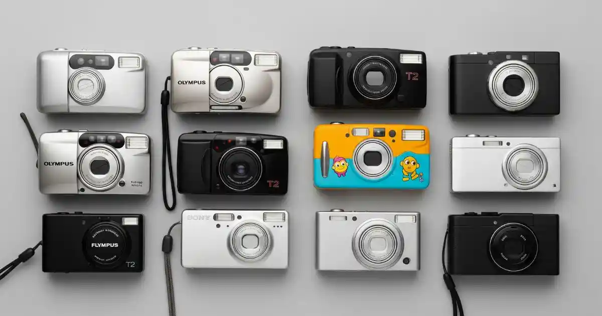 A flat lay showcasing a variety of point-and-shoot cameras, including classic film compacts and modern digital models, arranged neatly on a gray background.
