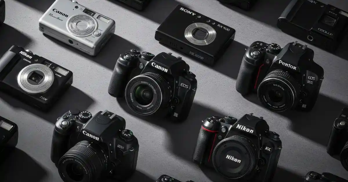 A visually attractive flat lay of various cameras, including point-and-shoot and SLR models from brands like Canon, Sony, Nikon, and Pentax, arranged on a textured dark background with dramatic lighting.