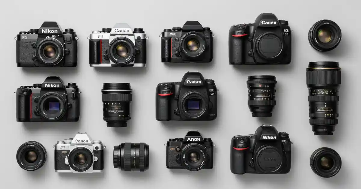 A flat lay showcasing a variety of SLR cameras and interchangeable lenses, including classic film models and modern digital versions, arranged on a gray background.