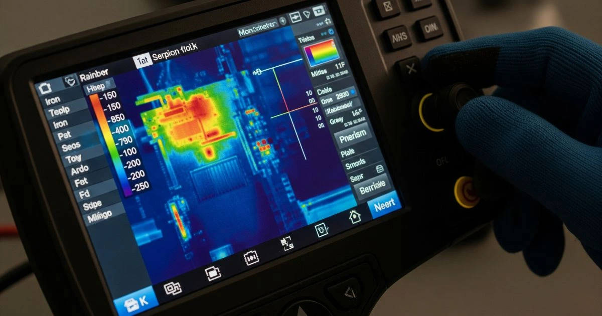 close-up of a person's gloved hand interacting with the menu on a thermal imaging camera's screen, which displays different color palettes and a temperature scale. The screen shows a thermal image of a circuit board, highlighting various heat signatures.