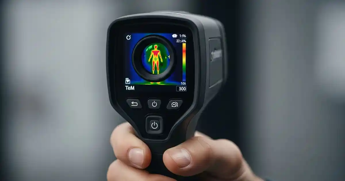 A person's hand holds a black thermal imaging camera. The camera's screen displays a thermal view of a person, with the heat signatures shown in various colors, from blue for cooler areas to yellow and red for warmer areas.