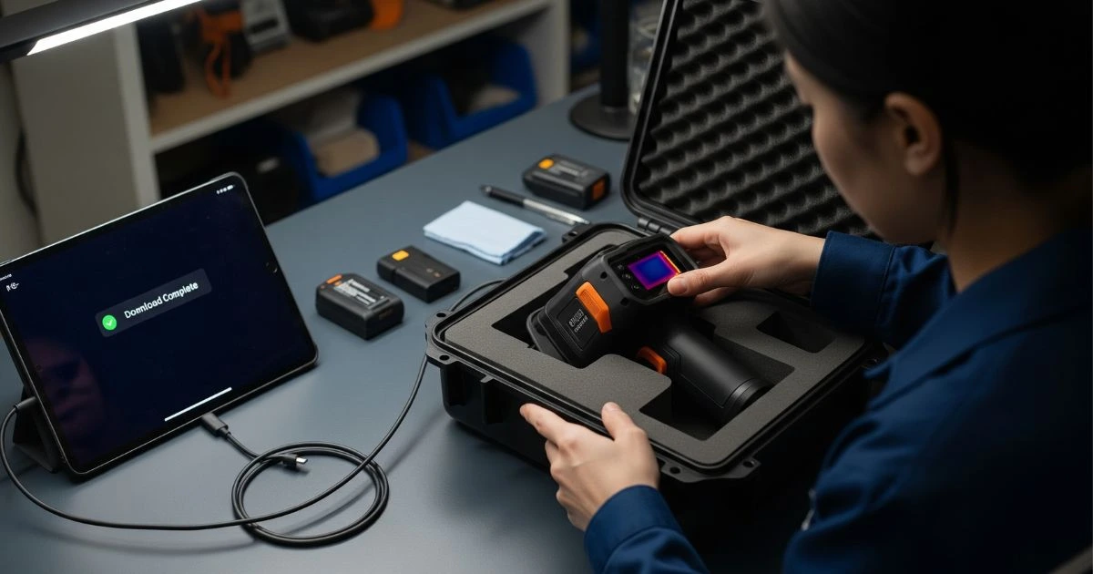 A person's hands carefully place a thermal imaging camera into a protective, hard-shell case on a workbench. A tablet connected to the camera is also visible in the background, suggesting data has been downloaded.