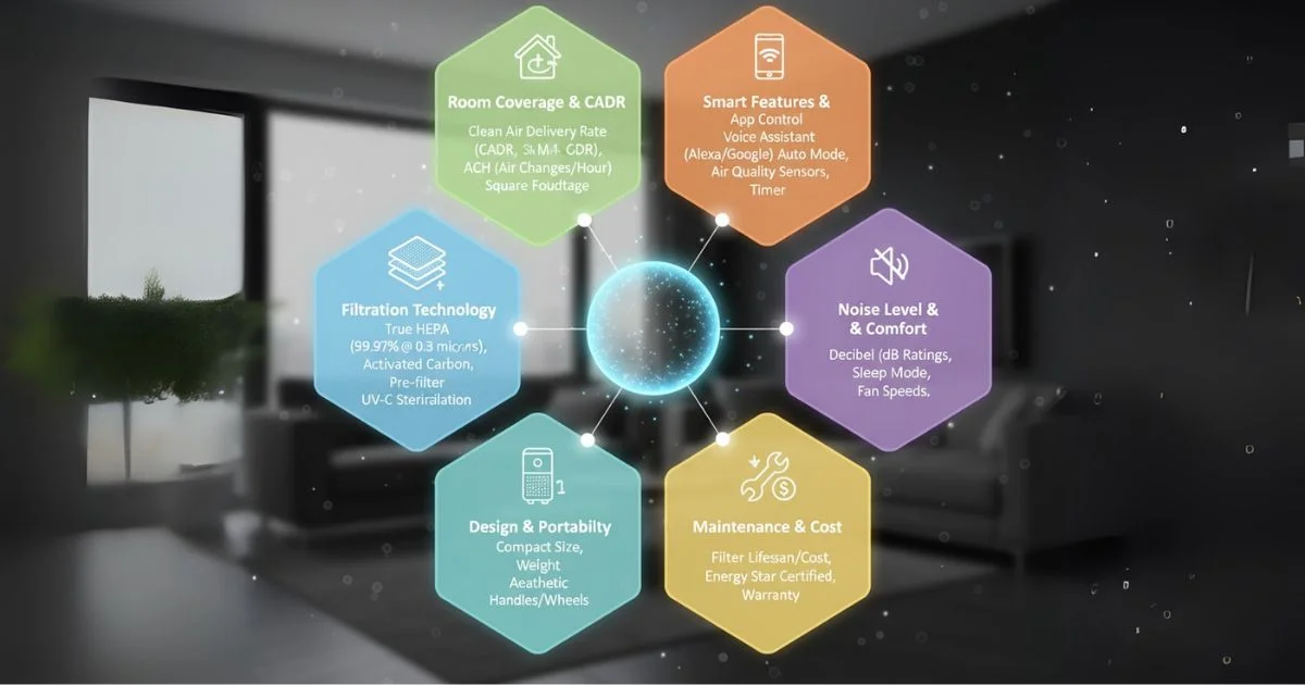 Infographic showing a hexagonal flow chart of key air purifier features, including Filtration Technology, Room Coverage & CADR, Smart Features & App Control, Noise Level & Comfort, Maintenance & Cost, and Design & Portability, all radiating from a central globe of clean air.
