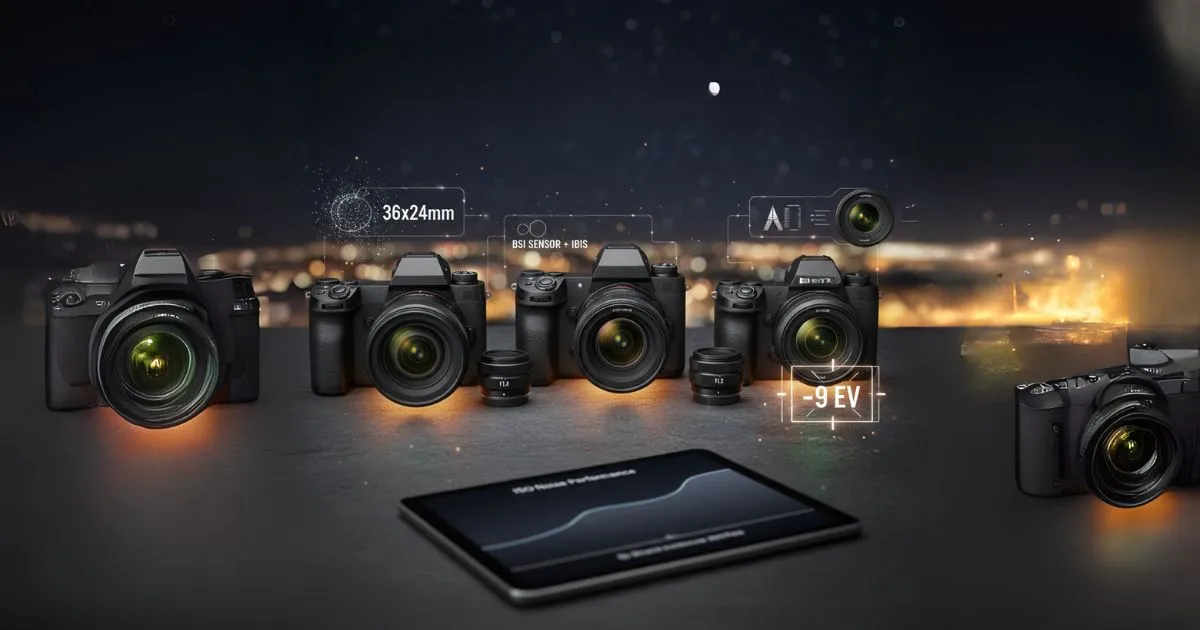 Three mirrorless cameras on a table, highlighting low-light features like sensor size, IBIS, and autofocus sensitivity against a night city background.