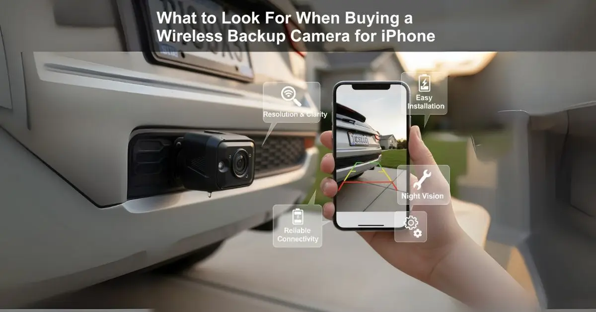 A wireless backup camera mounted on the back of a silver SUV, with a hand holding an iPhone displaying the camera's view. Overlays highlight key features to look for: Resolution & Clarity, Easy Installation, Reliable Connectivity, and Night Vision.