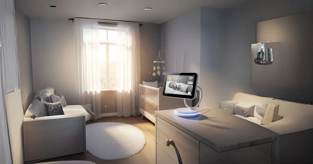 A modern baby monitor with a flexible stand sits on a wooden dresser in a well-lit nursery. The monitor's screen shows a baby sleeping, along with the room temperature and a secure Wi-Fi icon. In the background, a crib is partially visible near a large window with sheer curtains.