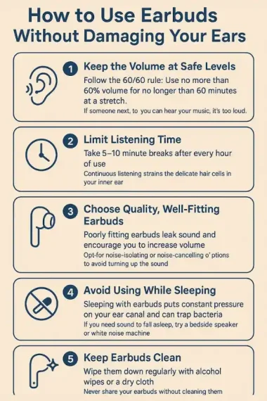 Infographic showing five tips for safe earbud use: keep volume low, take breaks, use well-fitting earbuds, avoid sleeping with them, and clean regularly.