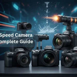 A sleek, black high-speed camera with a large lens is captured in a dynamic shot, symbolizing fast action and precision. The image is ideal for a blog post about high-speed camera reviews and guides.