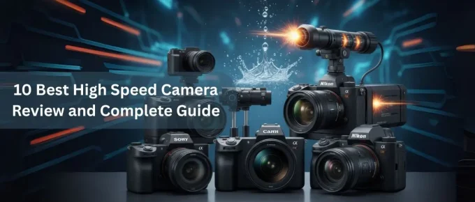 A sleek, black high-speed camera with a large lens is captured in a dynamic shot, symbolizing fast action and precision. The image is ideal for a blog post about high-speed camera reviews and guides.