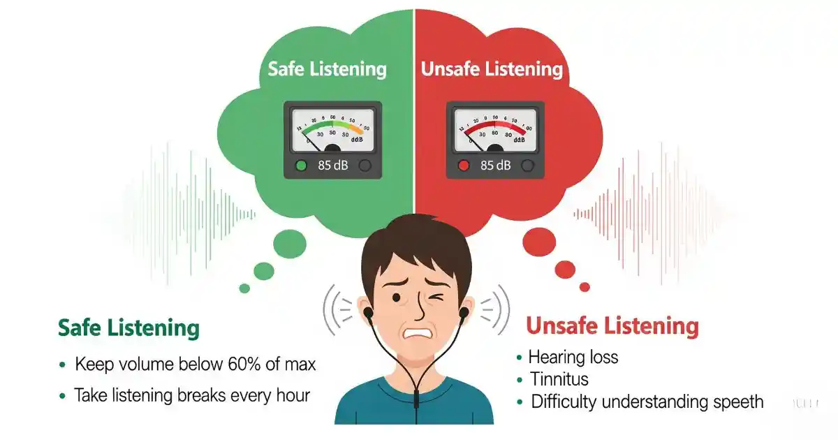 An informational diagram split into two sides, "Safe Listening" and "Unsafe Listening". The safe side is colored green and shows a person with a calm expression, a sound meter below 85 dB, and text with tips like "Keep volume below 60% of max." The unsafe side is colored red and shows a person wincing, a sound meter above 85 dB, and text listing risks such as "Hearing loss."