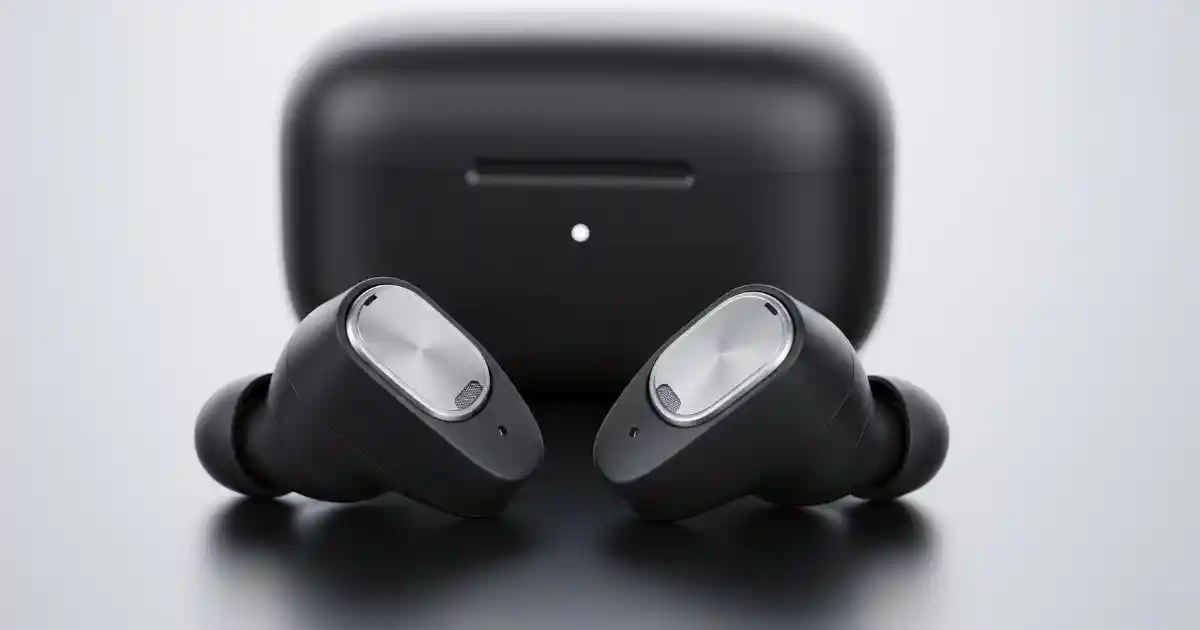 A close-up shot of a pair of black true wireless earbuds with their charging case. The earbuds are sleek and modern, resting on a reflective surface.