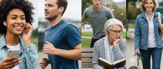 A diverse group of people, including a smiling woman with curly hair, a man jogging, a woman reading on a bench, a man on a skateboard, and a woman walking her dog, all wearing different types of wireless earbuds. The image shows the earbuds being used in various everyday situations.