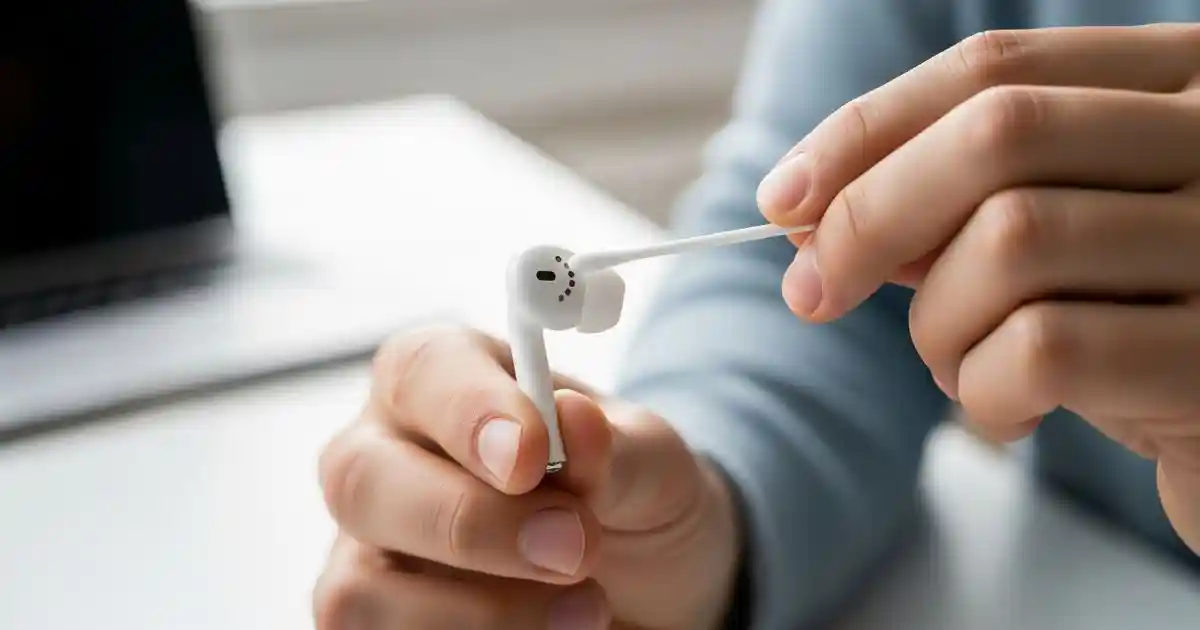 A close-up shot of a person's hands holding a white wireless earbud. Their right hand uses a cotton swab to carefully clean the speaker opening, highlighting the importance of earbud hygiene.