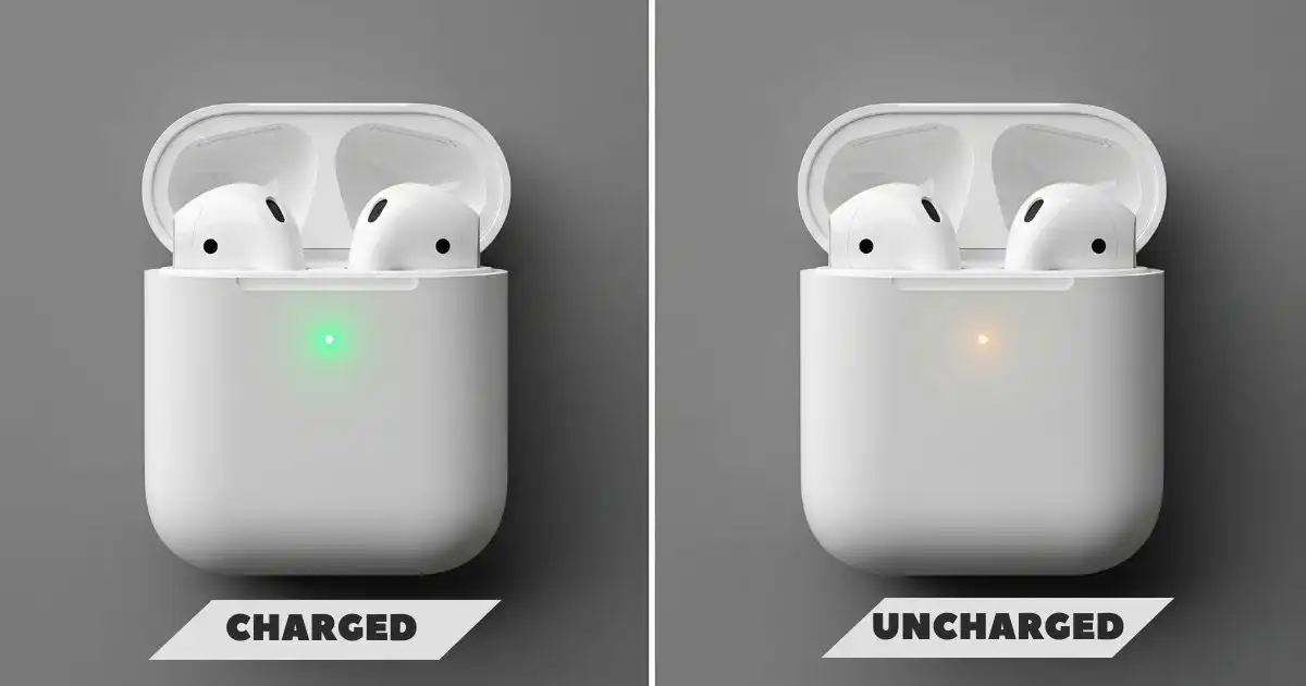 A split-screen image of an open white AirPods charging case. The left side shows the case with a glowing green light, indicating a full charge. The right side shows the same case with an amber light, indicating a low or depleted battery.