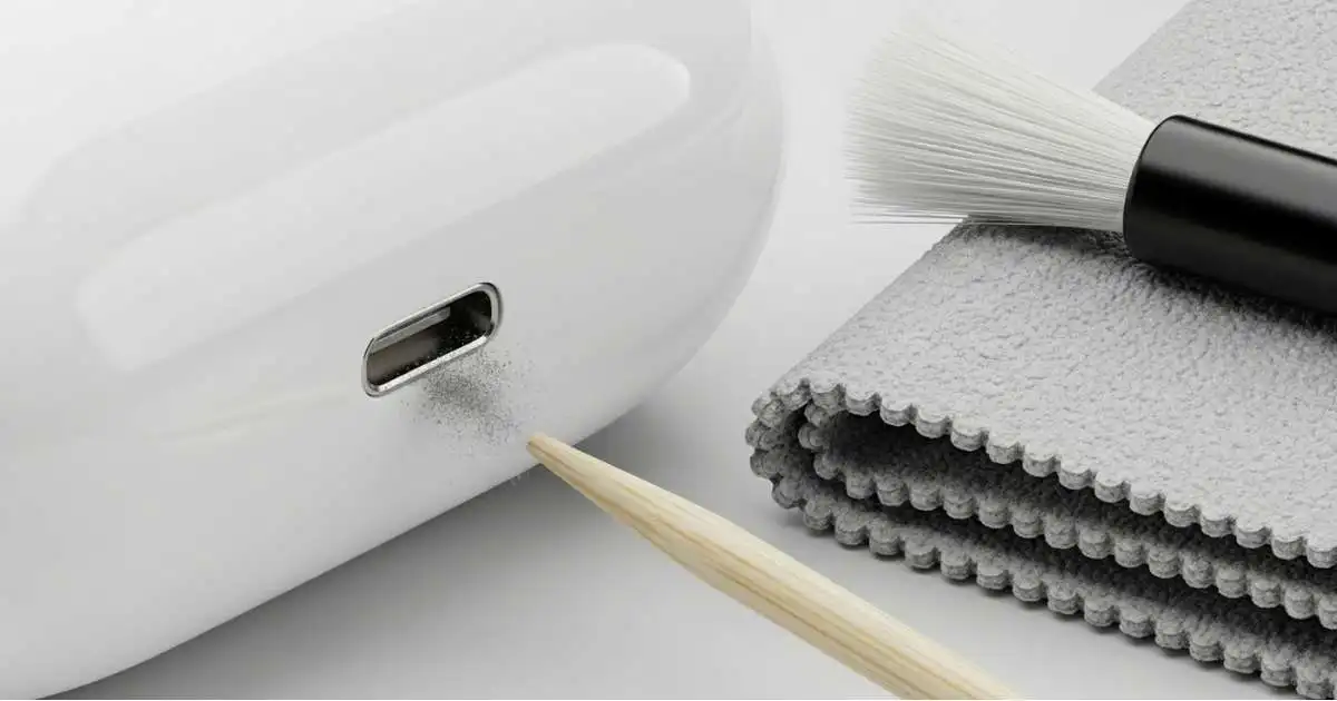 A close-up image of a dusty AirPods case with a Lightning charging port. Next to the port are three cleaning tools: a soft-bristled brush, a gray microfiber cloth, and a wooden toothpick.