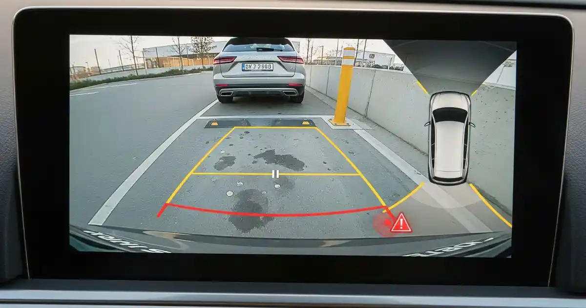 The view from a car's backup camera, displaying a concrete curb and a yellow pole as obstacles to be avoided.